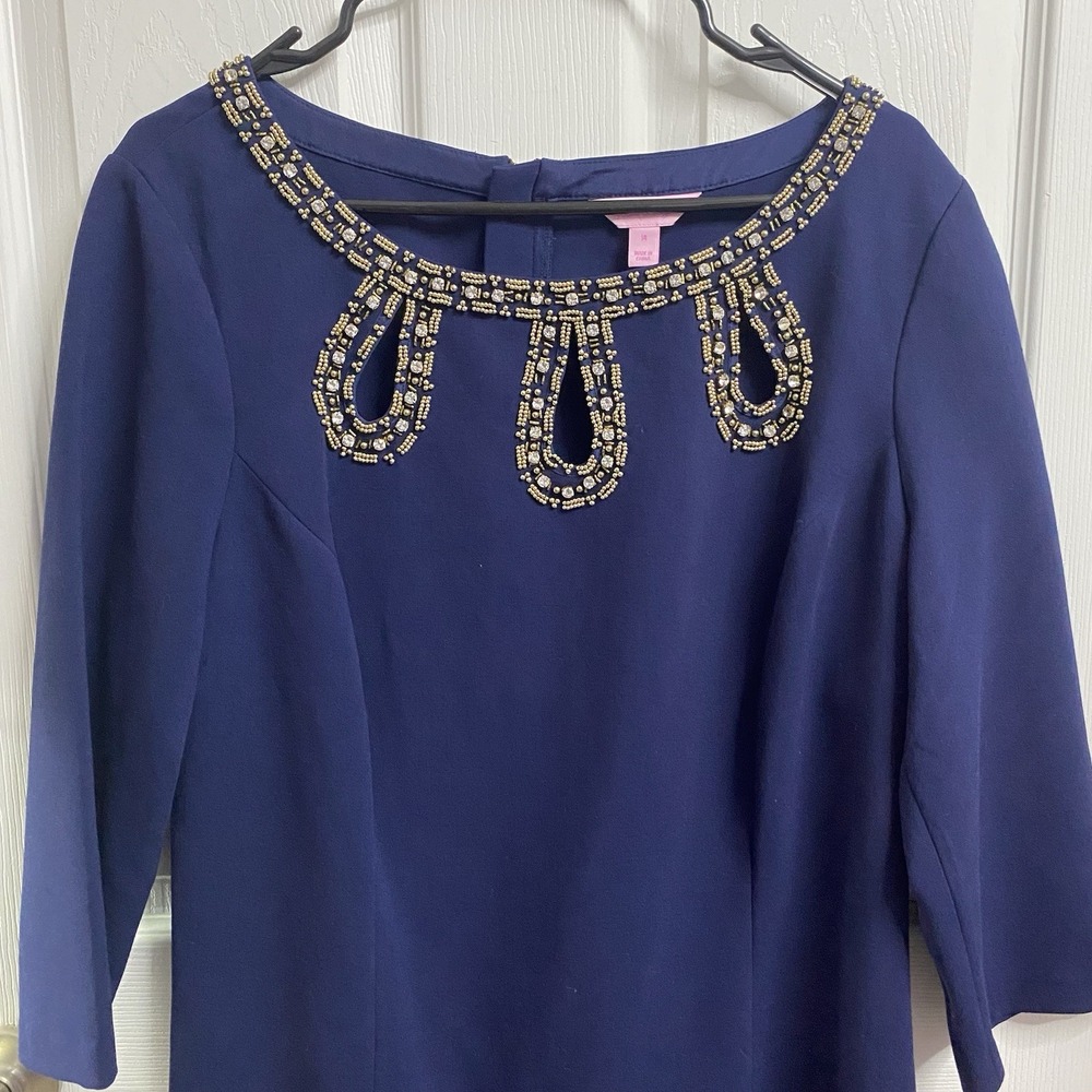 Lilly Pulitzer Women Shift Dress Navy Blue&Gold Long Sleeve Stretch Beaded Sz.14